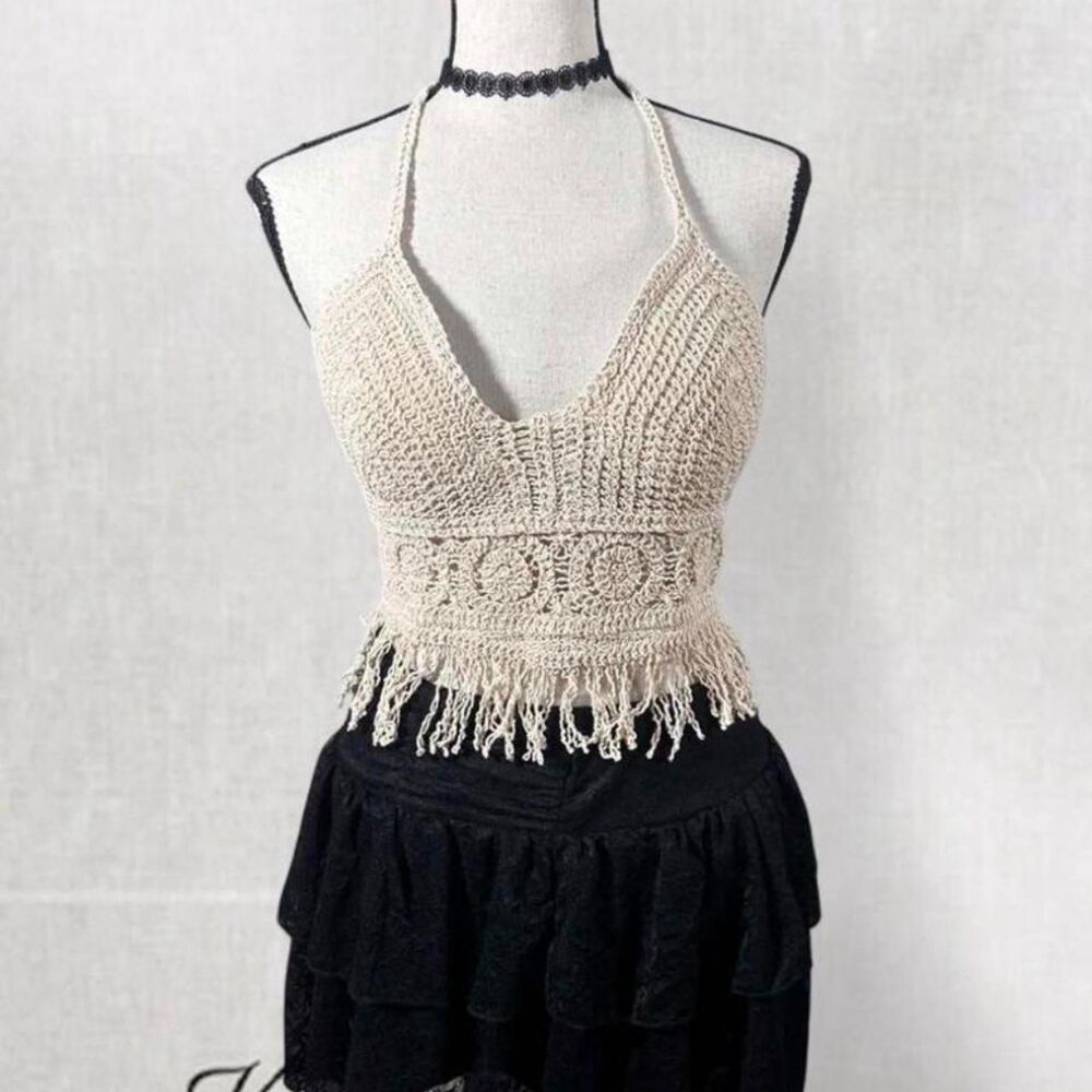 Boho Cream Crochet Style Halter Tie Top with Fringe